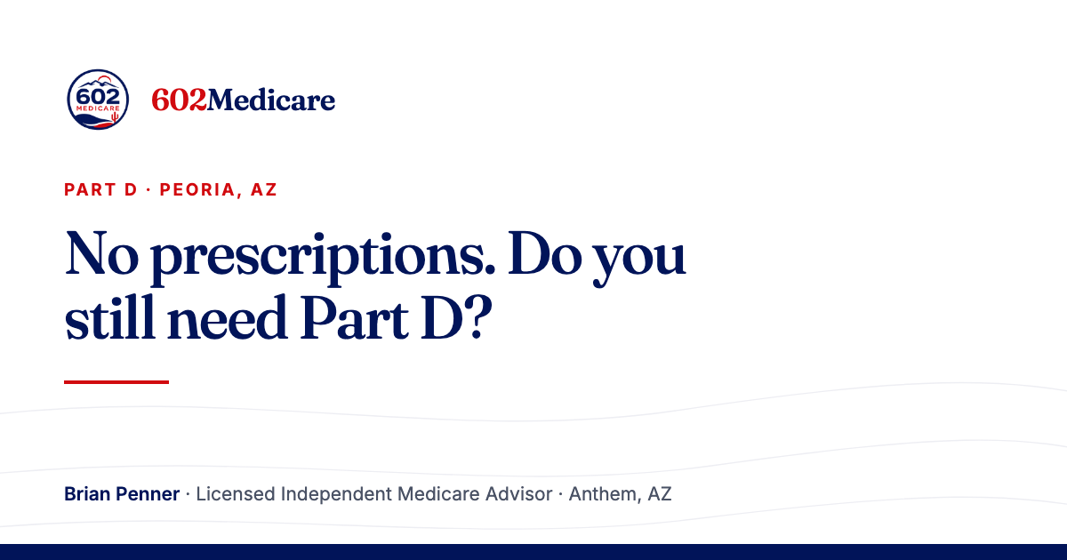 602Medicare article card reading "No prescriptions. Do you still need Part D?", with the 602Medicare badge and a byline for Brian Penner, Licensed Independent Medicare Advisor.