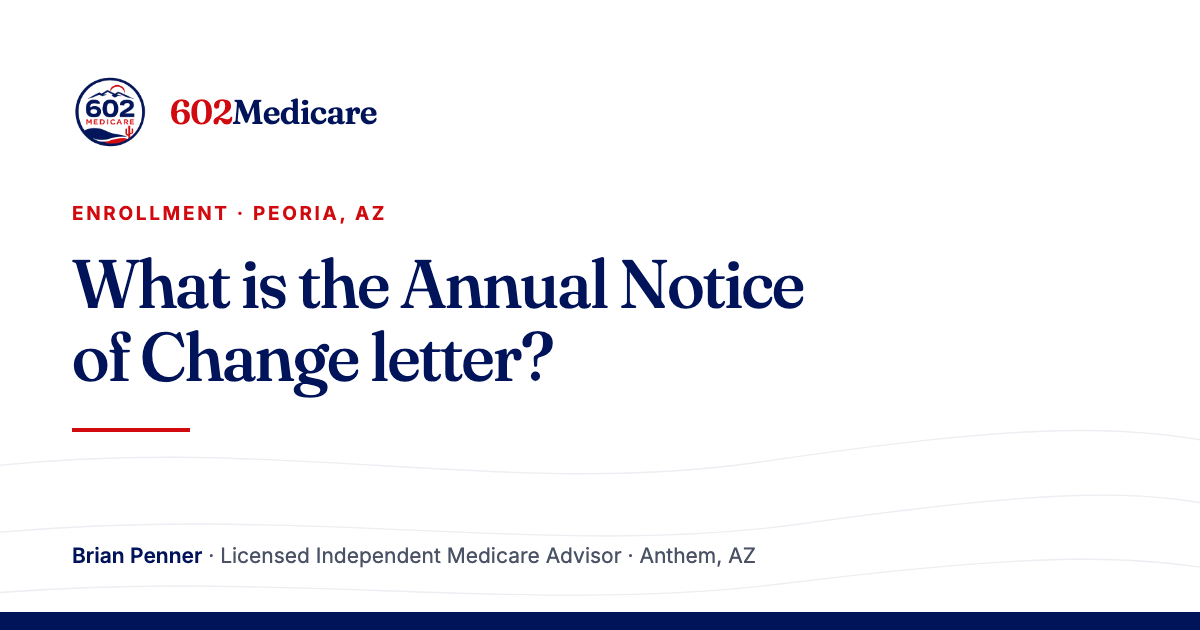 602Medicare article card reading "What is the Annual Notice of Change letter?", with the 602Medicare badge and a byline for Brian Penner, Licensed Independent Medicare Advisor.